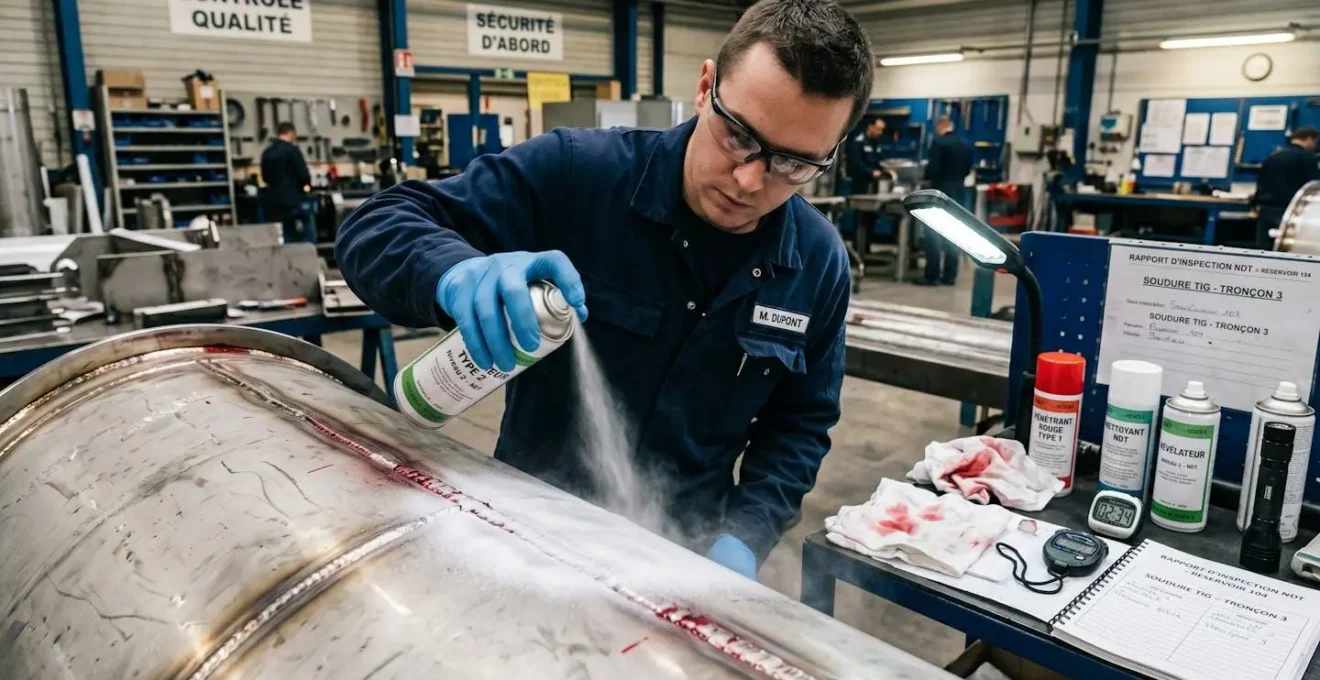 Technicien de contrôle non destructif appliquant le révélateur blanc en spray sur un cordon de soudure TIG inox lors d'un essai par ressuage dans un atelier de contrôle qualité