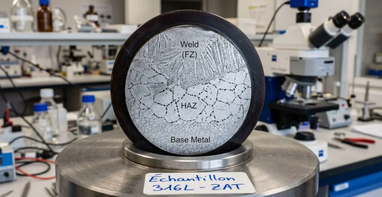 Coupe métallographique d'une soudure TIG sur acier inoxydable 316L montrant la zone affectée thermiquement avec précipitation de carbures de chrome aux joints de grains caractéristique de la corrosion intergranulaire