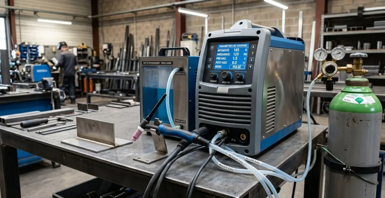 Poste à souder TIG professionnel avec refroidissement liquide, écran de contrôle numérique des paramètres et torche refroidie par eau dans un atelier de soudage industriel